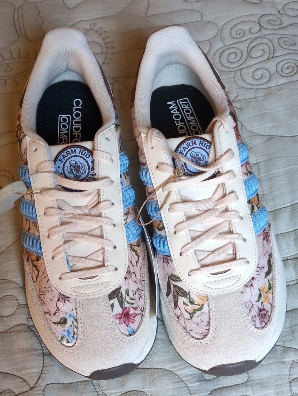 FARM Rio x Adidas Cream Floral Lace-Up Sneakers with Blue Stripes